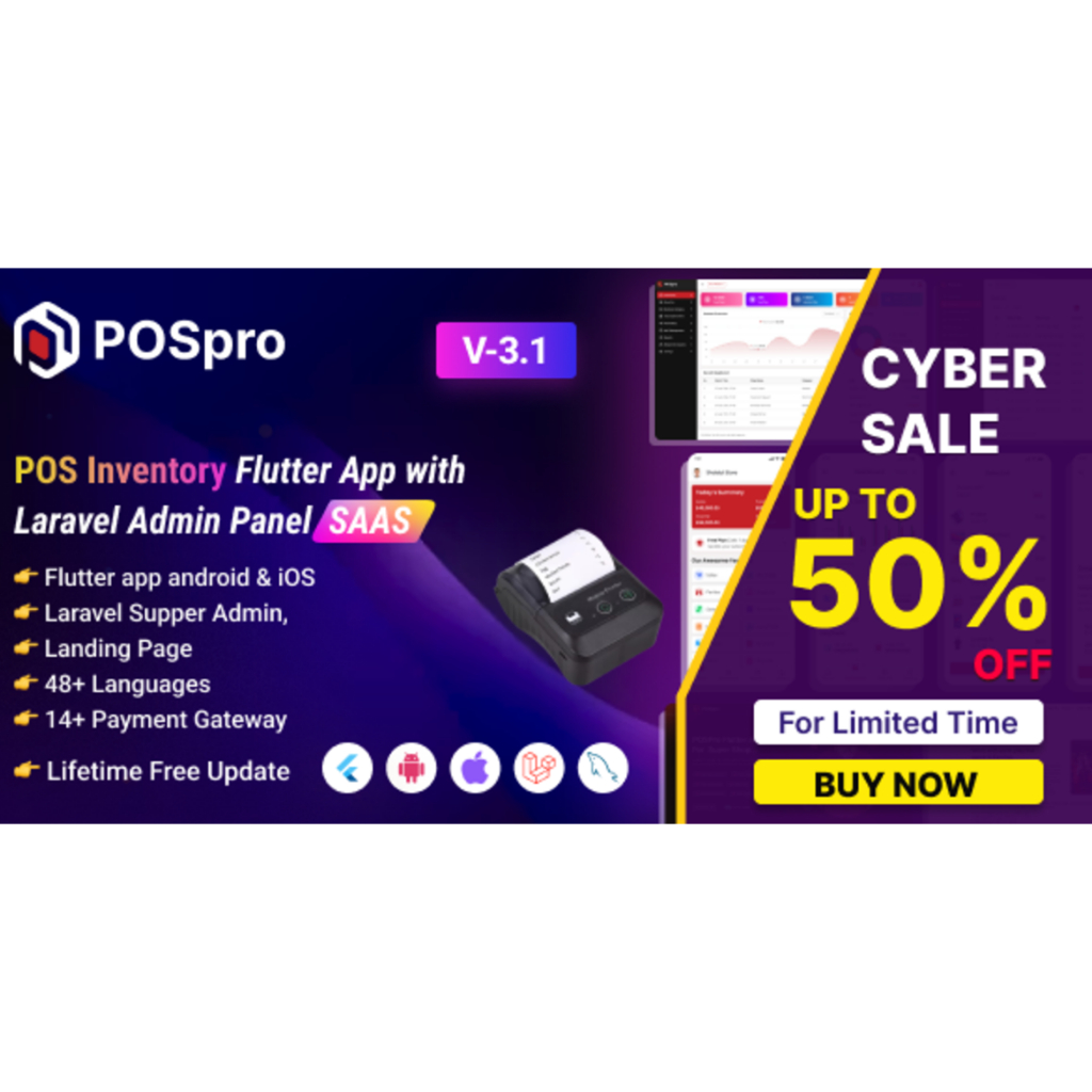 POSpro - POS Inventory Flutter App with Laravel Admin Panel SAAS BISA PRINTER BLUETOOTH