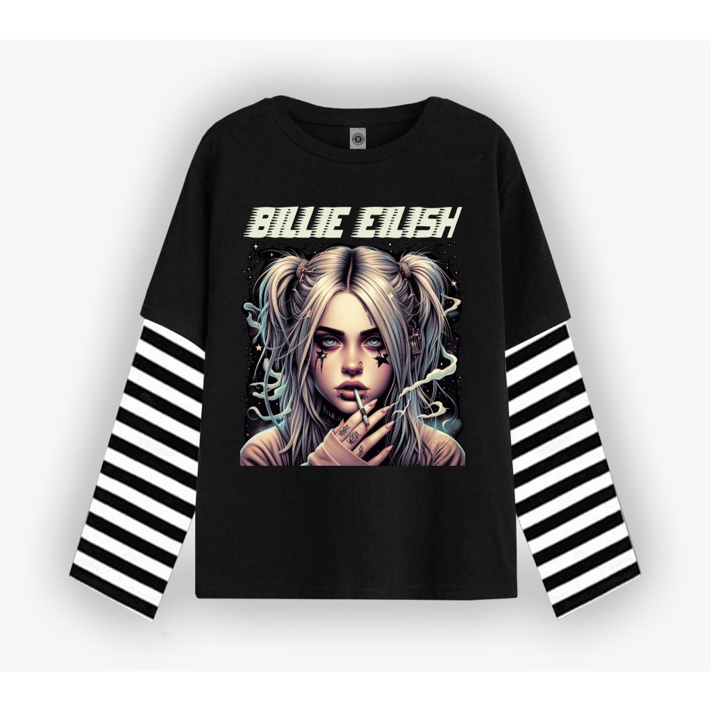 Nouths Tshirt Double layer Billie Eilish smoking long sleeve  band kaos pria wanita