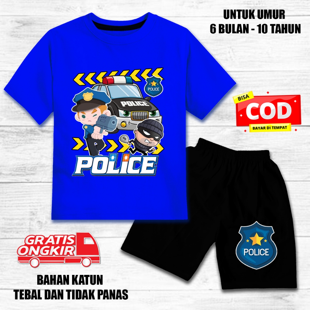 Setelan anak laki laki perempuan lengan pendek set baju kaos anak katun celana hitam polisi