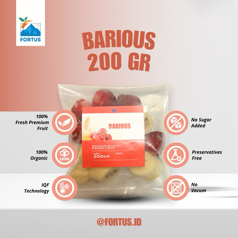 

Fortus IQF Barious Ready To Blend Banana Strawberry Frozen Beku Premium Organik