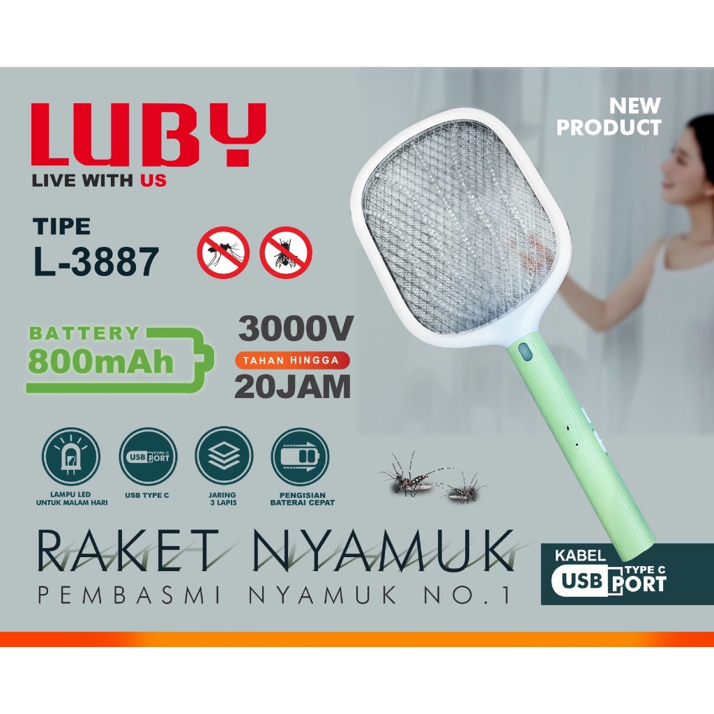 RAKET NYAMUK LUBY 3887 | Raket Nyamuk Electric Luby 3887