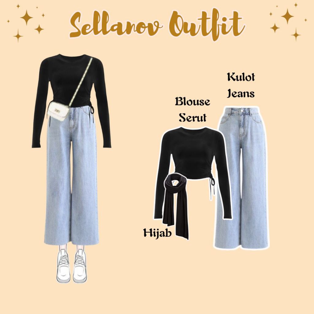 Setelan Selanov ( Blouse Serut + Kulot Jeans + Hijab ) | OOTD Korean Casual Style