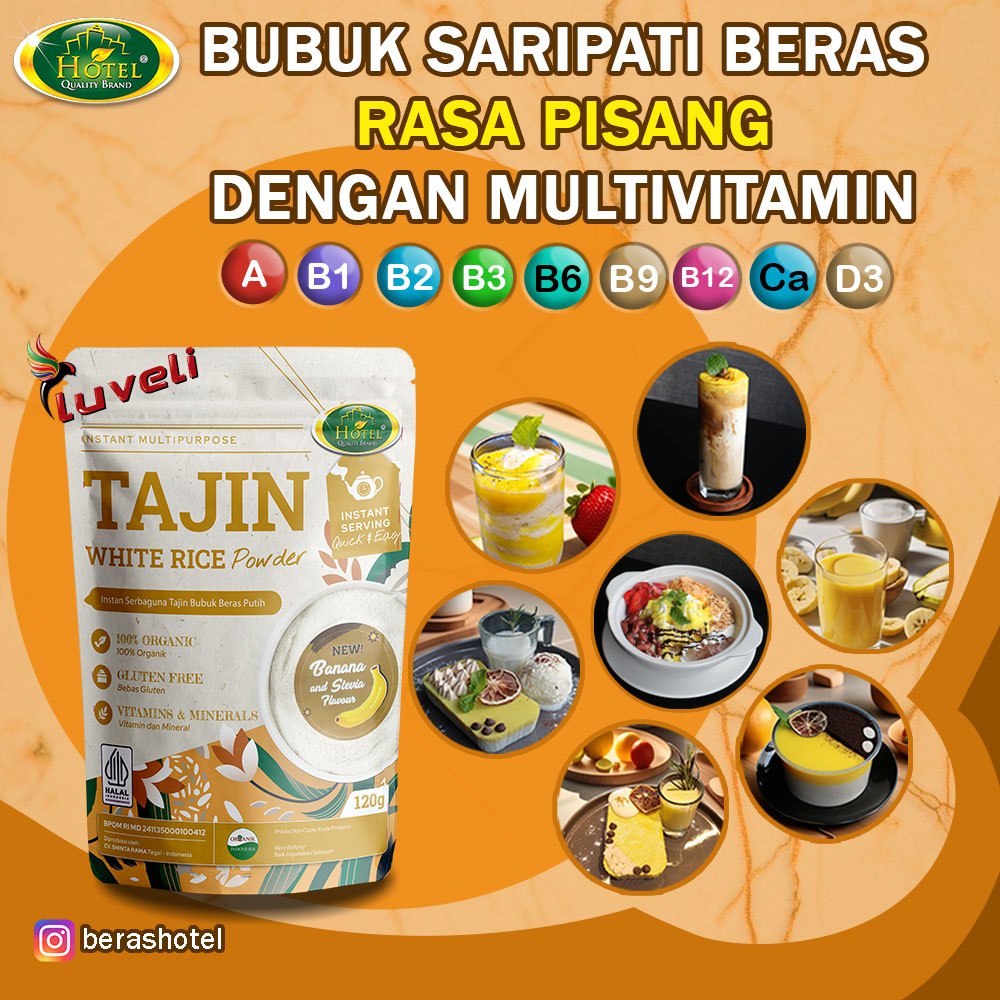 

HOTEL Tajin White Rice Powder Banana Flavour - Susu Bubuk Saripati Beras Rasa Pisang + Multivitamin - Multivitamin Milk Rice - Minuman Sereal Tajin