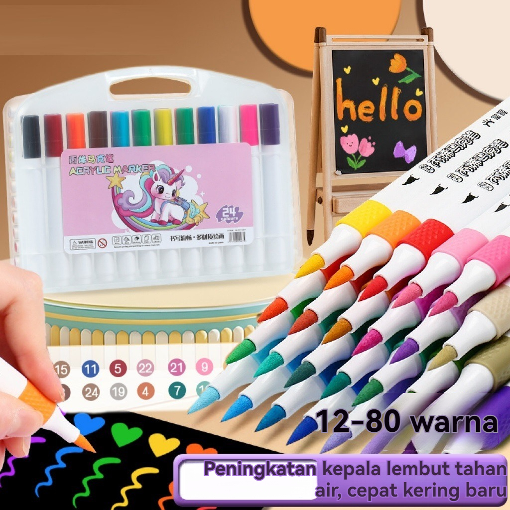 

Spidol Acrylic Marker 12/24/36/48/60/80 Warnas Paint Marker DIY Painting Spidol Pastel Pulpen Pen Akrilik Marker Warna Cepat Kering Tahan Air