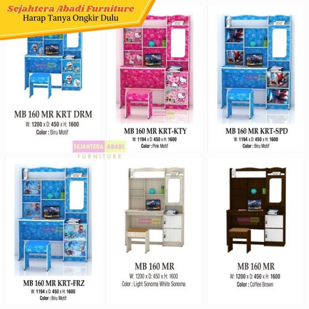 Meja belajar Premium karakter dan polos, meja rak cermin, lemari buku & Polos MB 160 MR KRT MBMR Mat