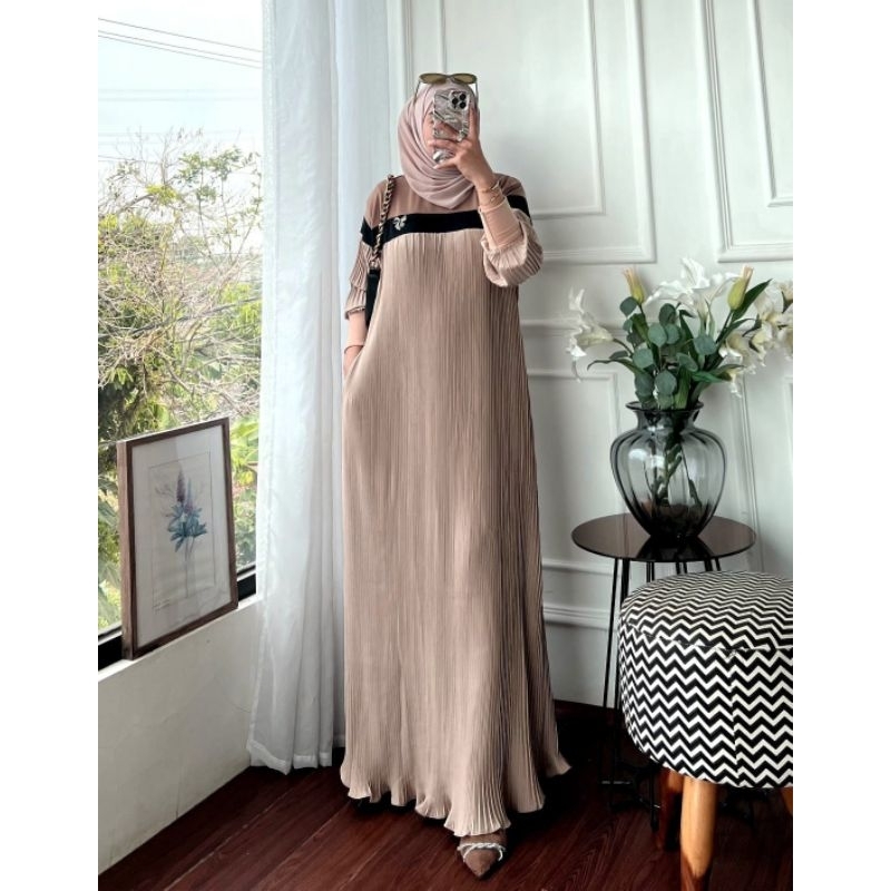 Sabila plisket Maxy warna coklat Milo mocca Maxi dress wanita bahan crinkle import prisket mix Burbe