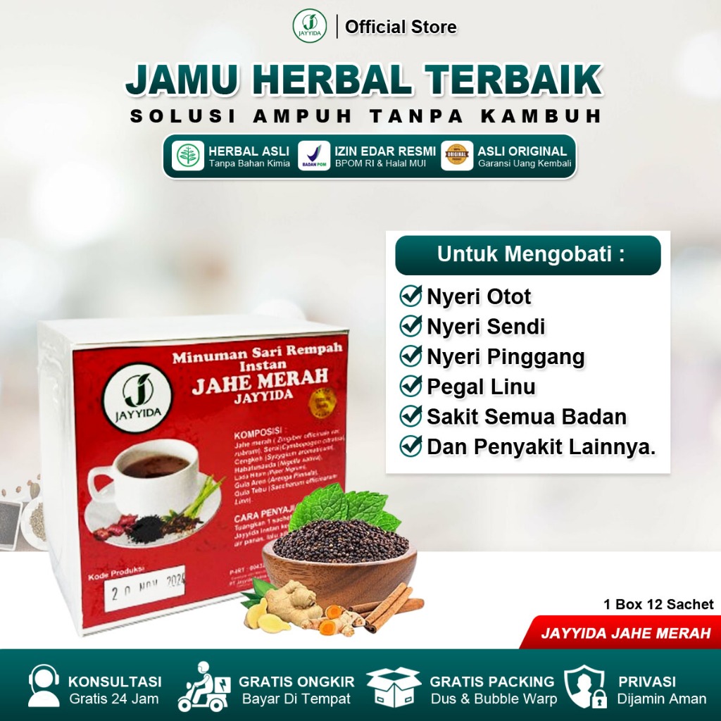 

Obat Nyeri Otot, Pegal, Pegel, Sakit Pinggang, Nyeri Bahu, Pereda Nyeri Otot, Nyeri Sendi Dan Tulang- Jayyida Herbal Jahe Merah 12 Sachet