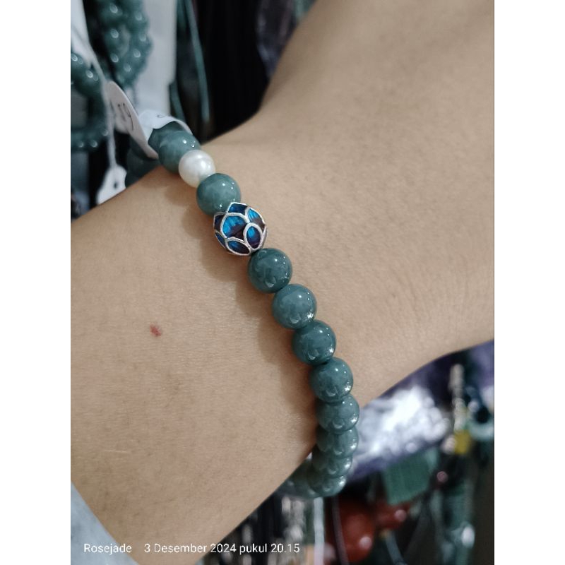 Gelang Giok Burma Blue water 6.5mm Lotus Enamel bersertifikat