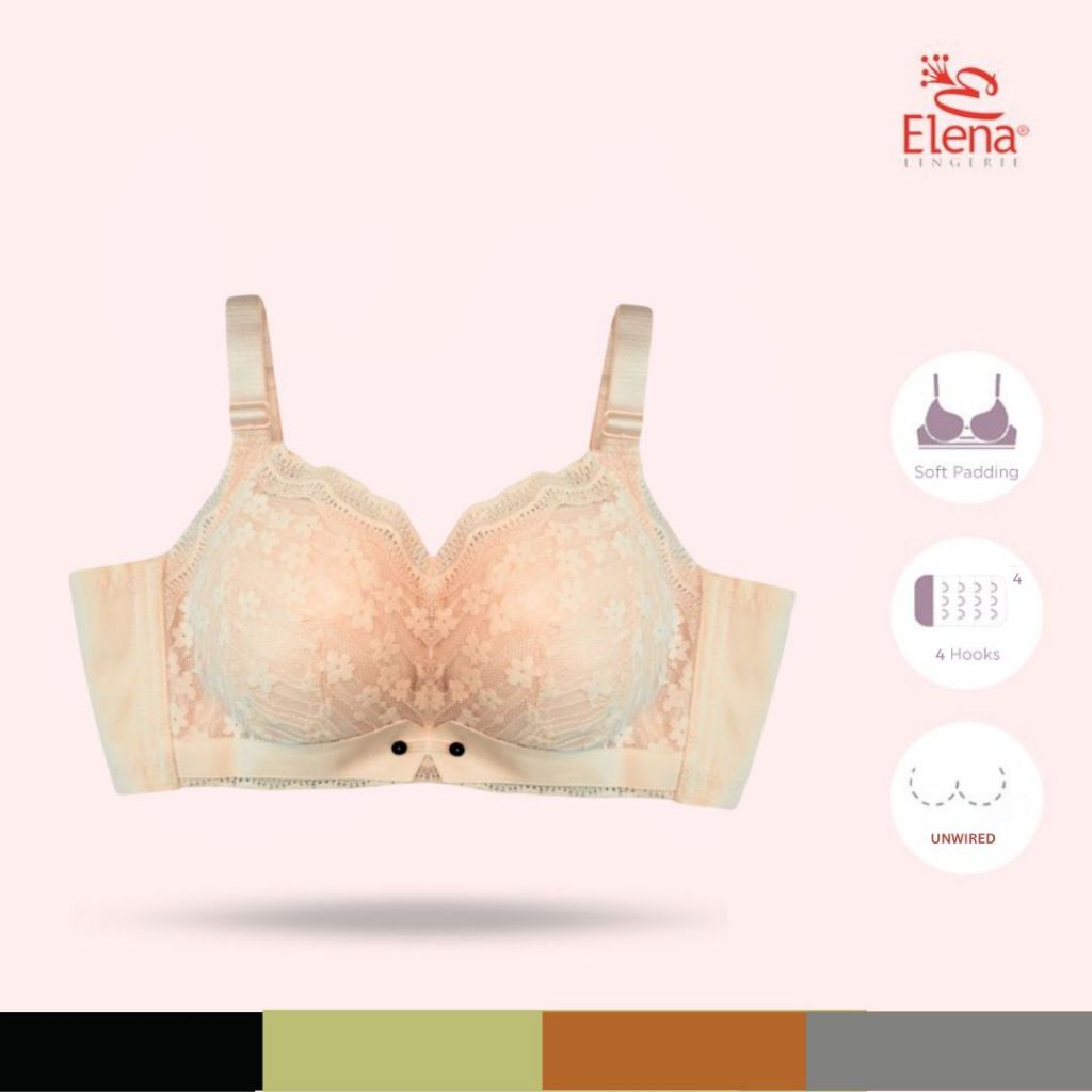 Elena E 85047 Bra Push Up Renda Tanpa Kawat Brokat Busa Tebal Cup A Kait 4 Bh Wanita 34A - 40A