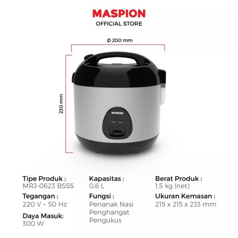 MASPION RICE COOKER MRJ-0623 BSSS 0.6 LITER