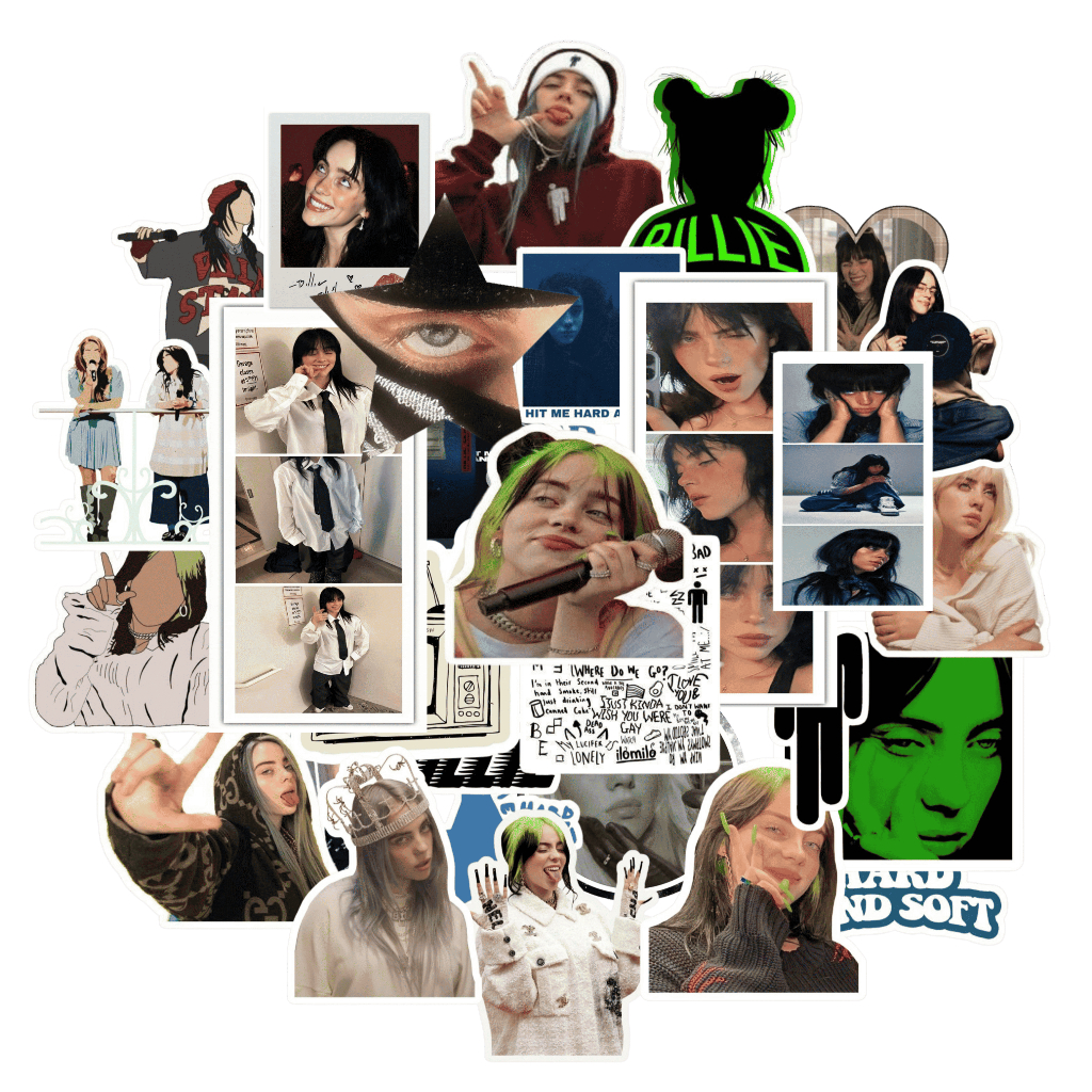 

Billie Eilish Sticker Packs 30+ Pcs Anti Air Bahan Vinyl | Stiker Handphone / Ipad | Stiker Helm | Stiker Buku | Stiker Laptop