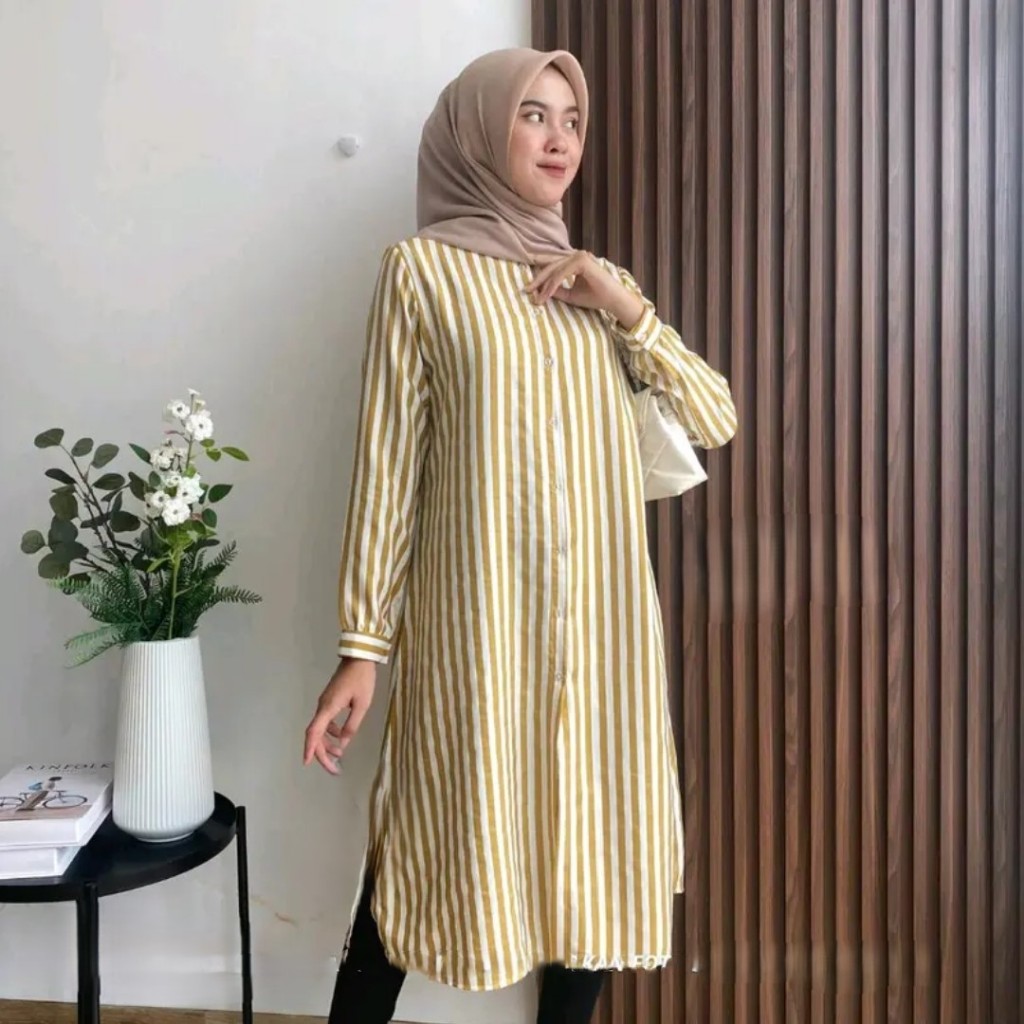 Long Tunik Wanita Motif Stripe Salur Jumbo Bahan Poly Rayon Allsize LD 110