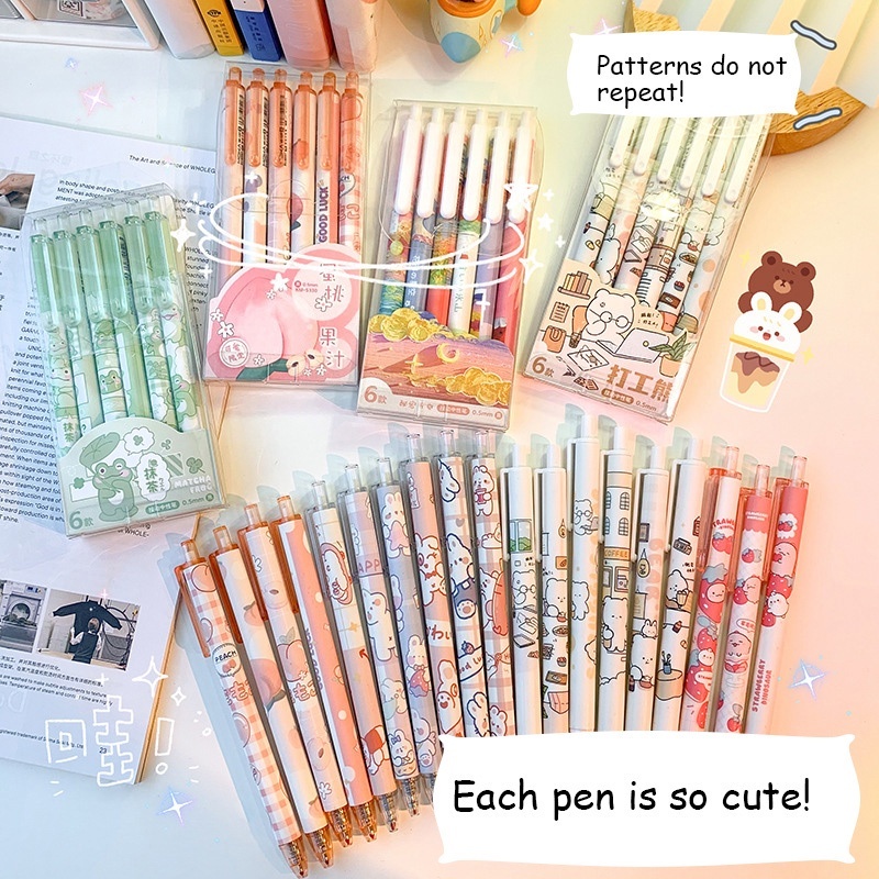 

[Ready Stock] 6 PCS Kawaii Gel Pen Set 0.5mm Black Refill Office Accessories ballpoint pens for writing Stationery School supplies