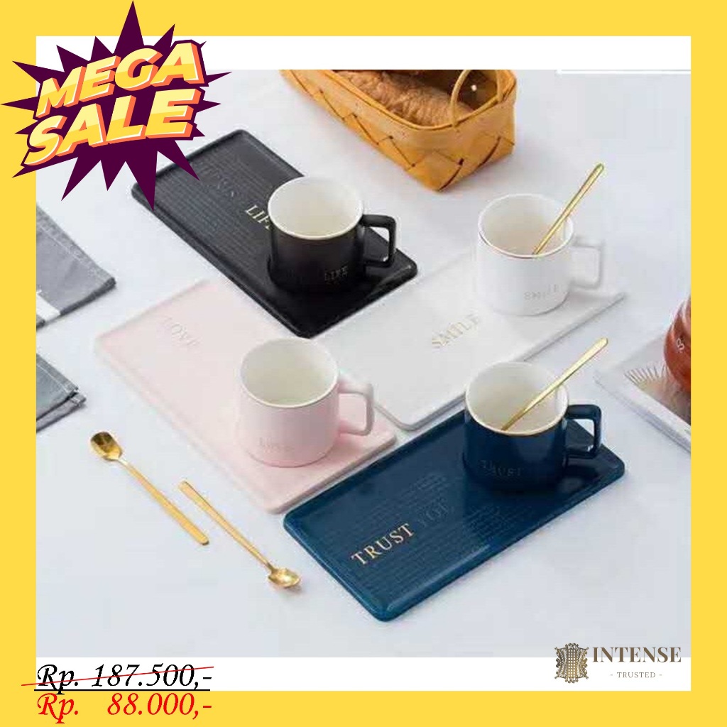 GELAS MUG + PIRING TATAKAN KERAMIK LOVE LIFE 1829 (800280433)