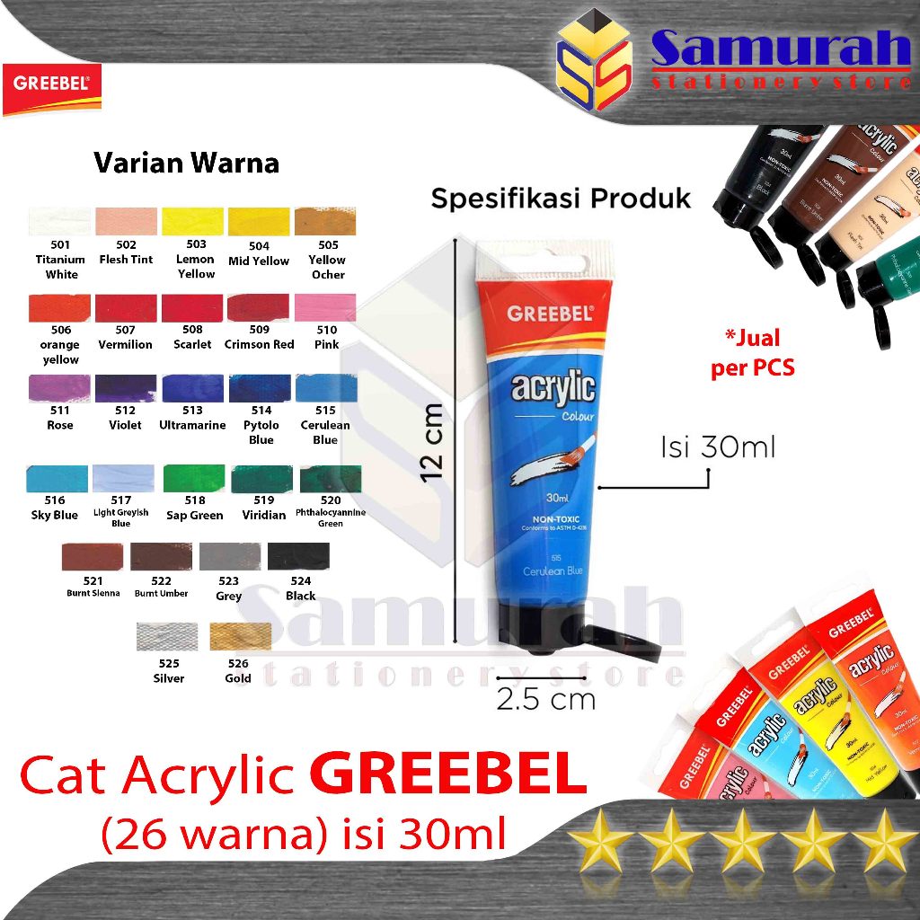 

Cat Akrylik Greebel 30 ml Satuan / Acrylic Paint Color 30ml Tube / Cat Lukis semua warna