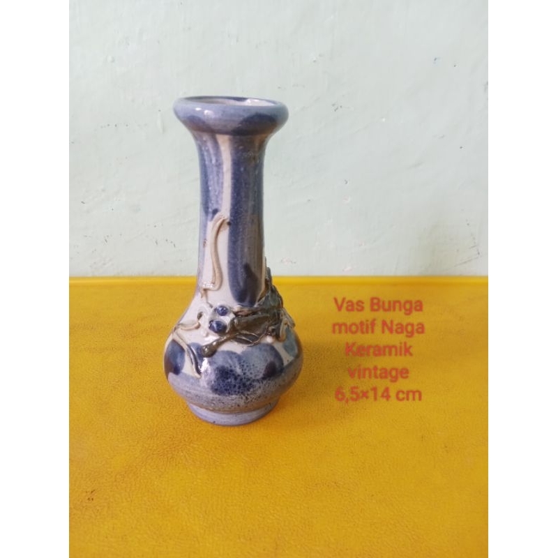 Vas Bunga Keramik Motif Naga Vintage Jadul