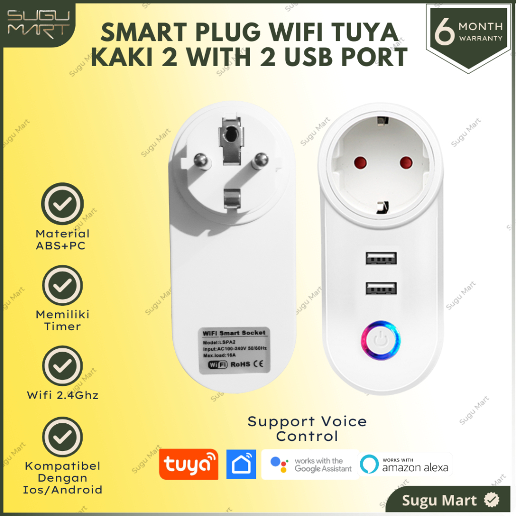 Smart Plug Wifi Tuya Kaki 2 With 2 Usb Port | Oversteker Kaki 2 Tuya Smart Home Kaki 2 | Smart Plug 