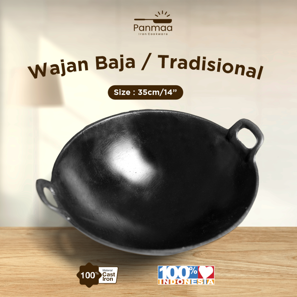 Lostklik Wajan Baja Cor Seasoned 14 (35Cm) Tebal Anti Lengket/Kuali Besi Cor/Cast Iron/Wajan