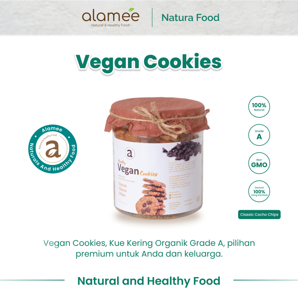 

ALAMEE Cookies Cemilan Diet - Classic Choco Chips Snack Sehat Kue Kering Healthy Snack Sehat Organik 220gr