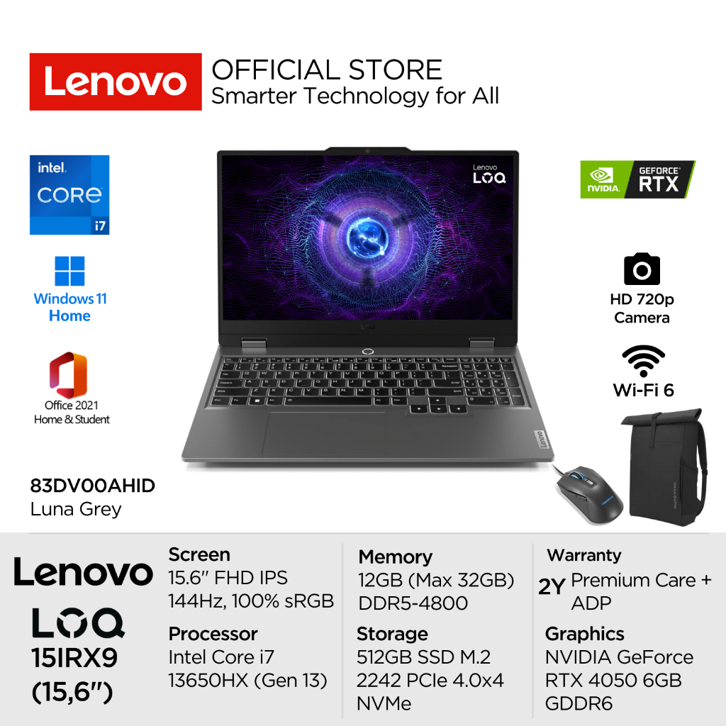 Lenovo LOQ Gaming 15IRX9 AHID Intel Core i7 13650HX Win11 12GB 512GB SSD NVIDIA RTX 4050 6GB 15.6" F