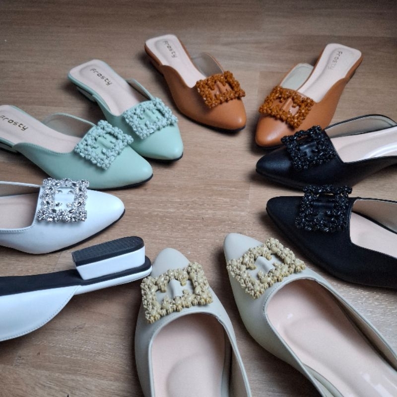 Sepatu Sandal Terbaru Kekinian koFLADEO Mules/Heels Pin Bunga Tali