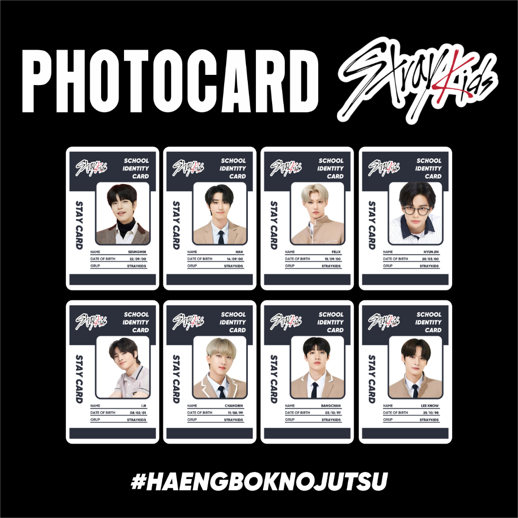 PHOTOCARD STRAY KIDS SCHOOL ID 1SISI (HARGA 8 PCS + LAMINASI 2 SISI) ALL HANBOK JPOP KPOP CARDS IDOL