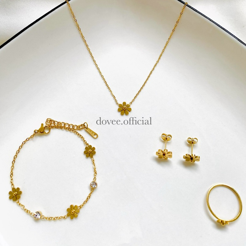 TITANIUM Daisy Set | kalung anting gelang cincin bunga simple elegan gold - stainless steel lapis em