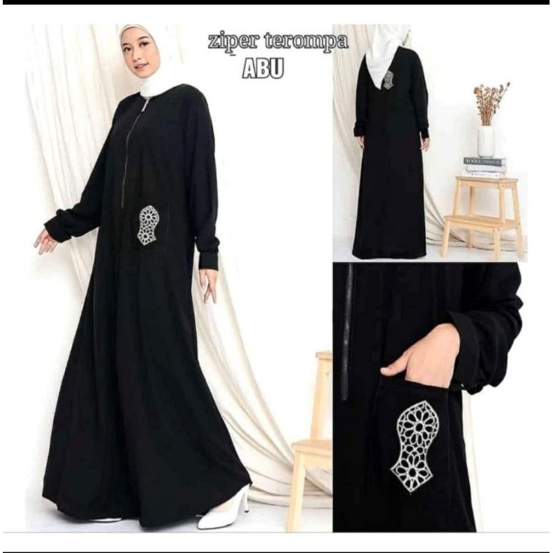 Abaya terompah saku hitam jetblack busui