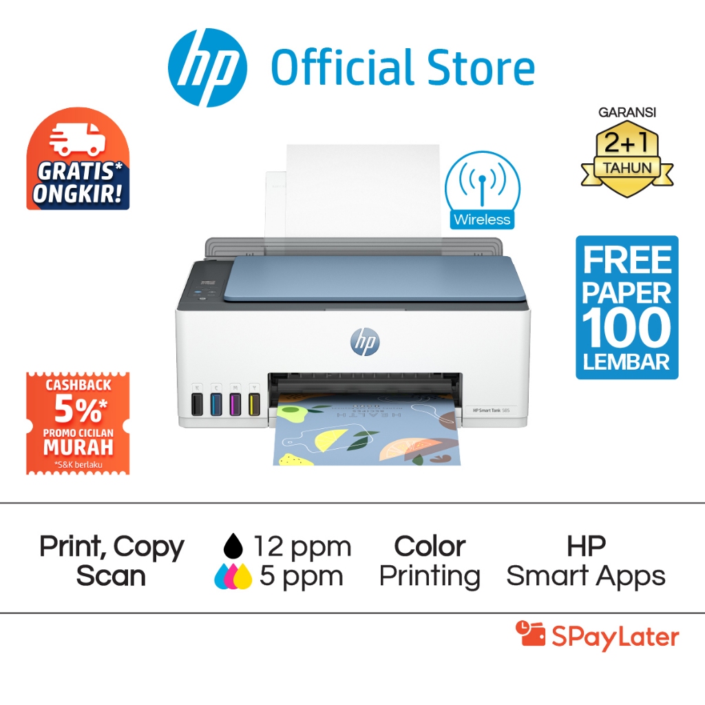 Spaylater 0% - Printer HP Smart Ink Tank 585 All in One ( Print Scan Copy ) Wifi Bluetooth USB / 580