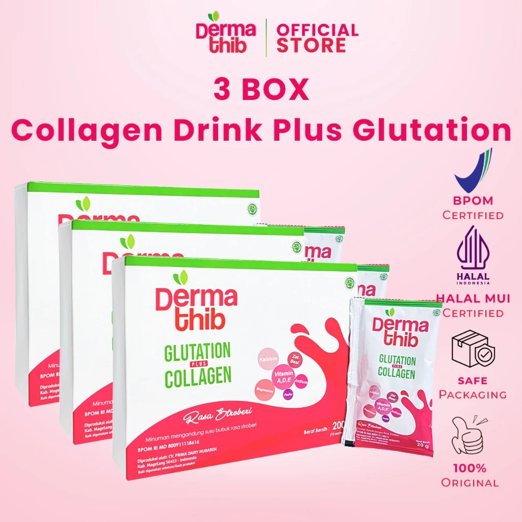 3 Box - Dermathib Collagen Drink dan Glutation Rasa Stroberi BPOM Halal