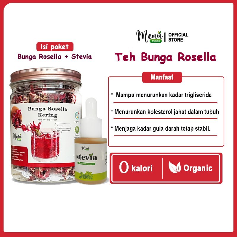 

Bunga ROSELLA Kering Merah 80gr dan STEVIA Pemanis Alami 15ml - Teh Herbal Nol Kalori Diet Diabetes