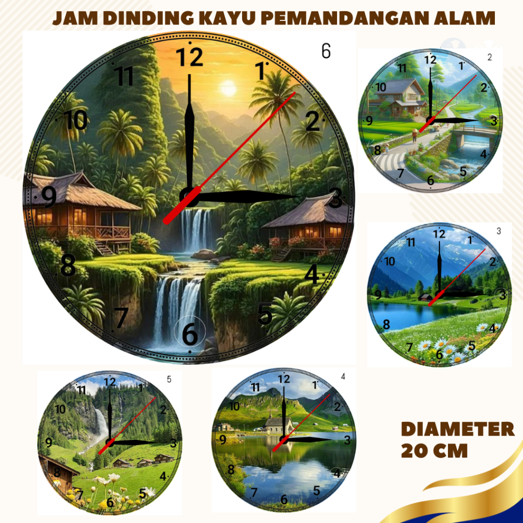 Jam Dinding Kayu Motif Pemandangan Alam, Jam Aesthetic