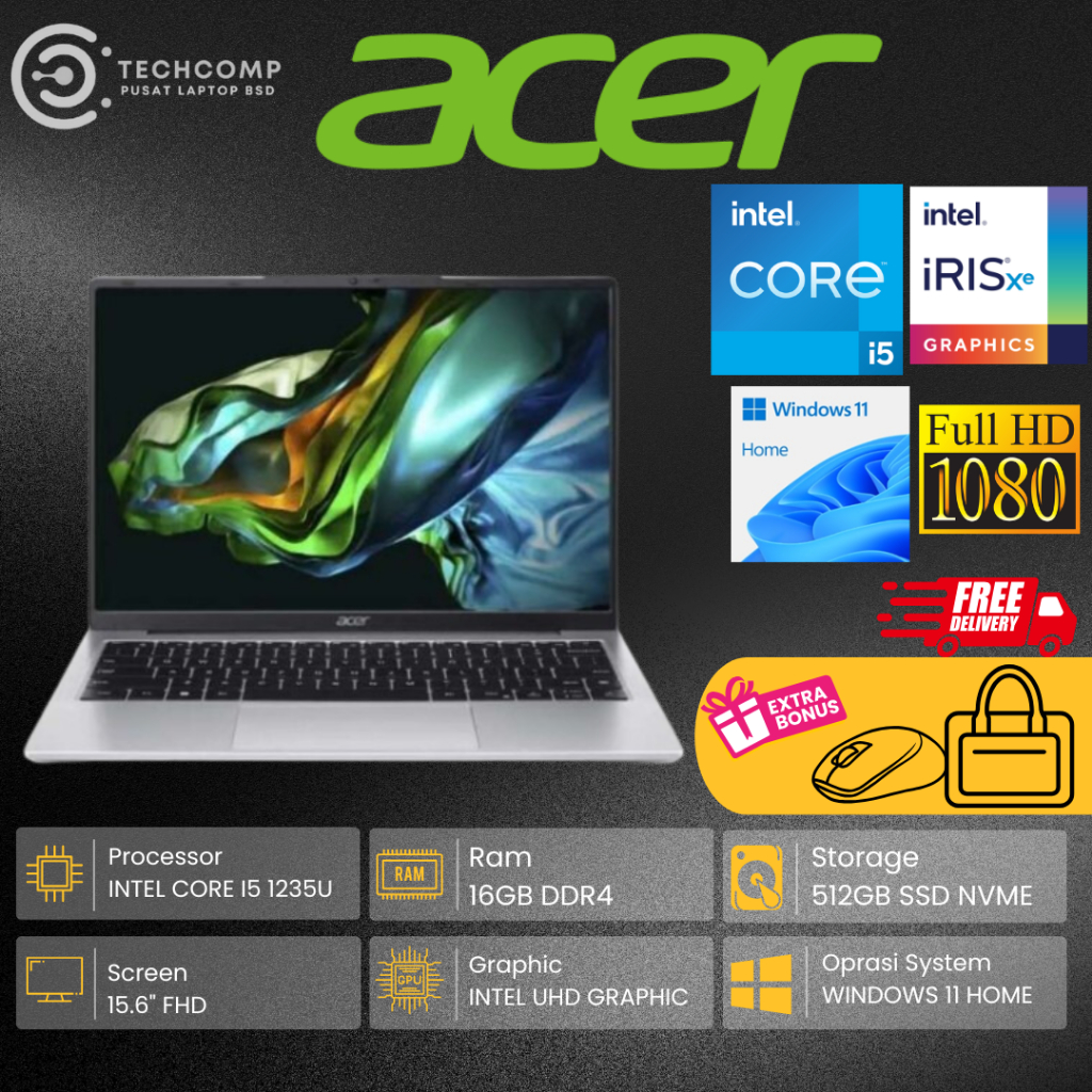 LAPTOP TERBARU ACER ASPIRE 3 A315 CORE I5 1235U RAM 8GB 512GB SSD FHD WINDOWS 11 ORIGINAL SILVER