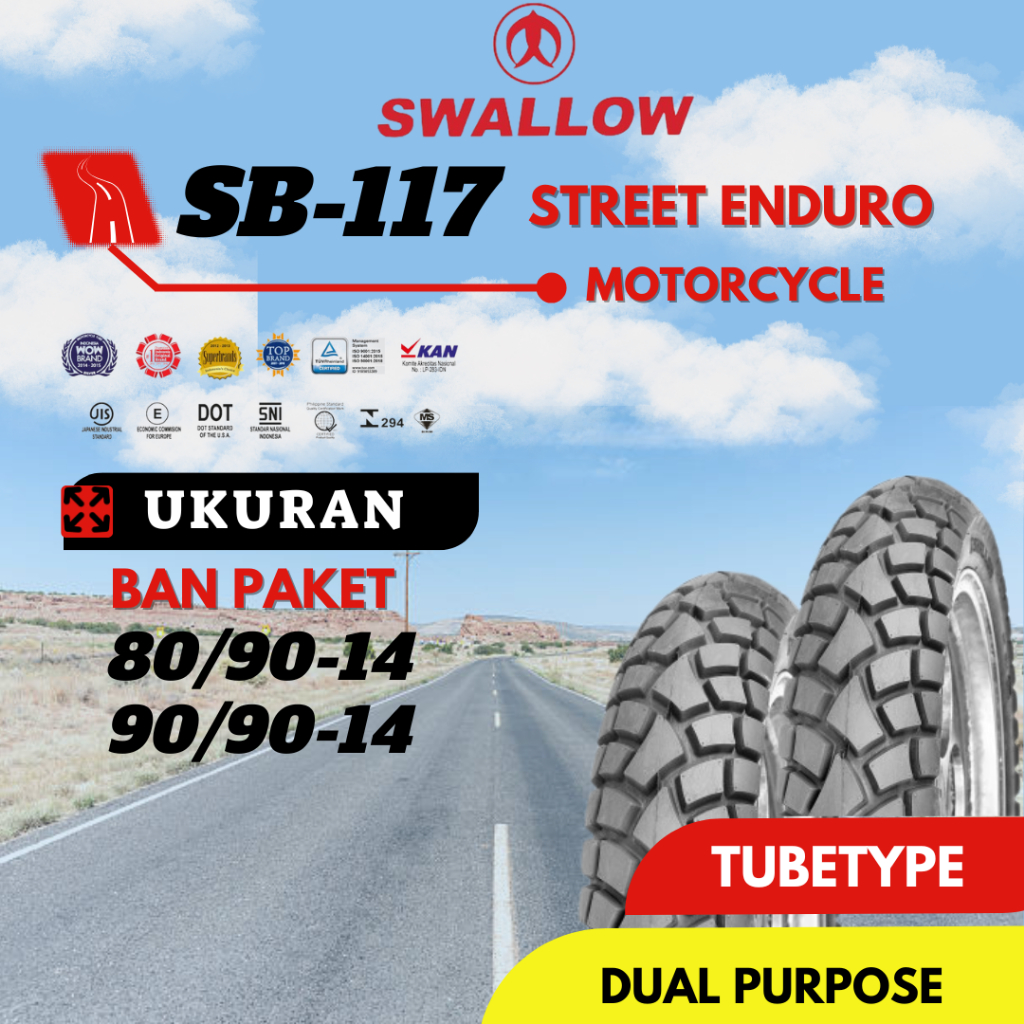 PAKET BAN LUAR SEPEDA MOTOR SWALLOW SB-117 STREET ENDURO 80/90 90/90 RING 14 TUBETYPE BEAT VARIO 125