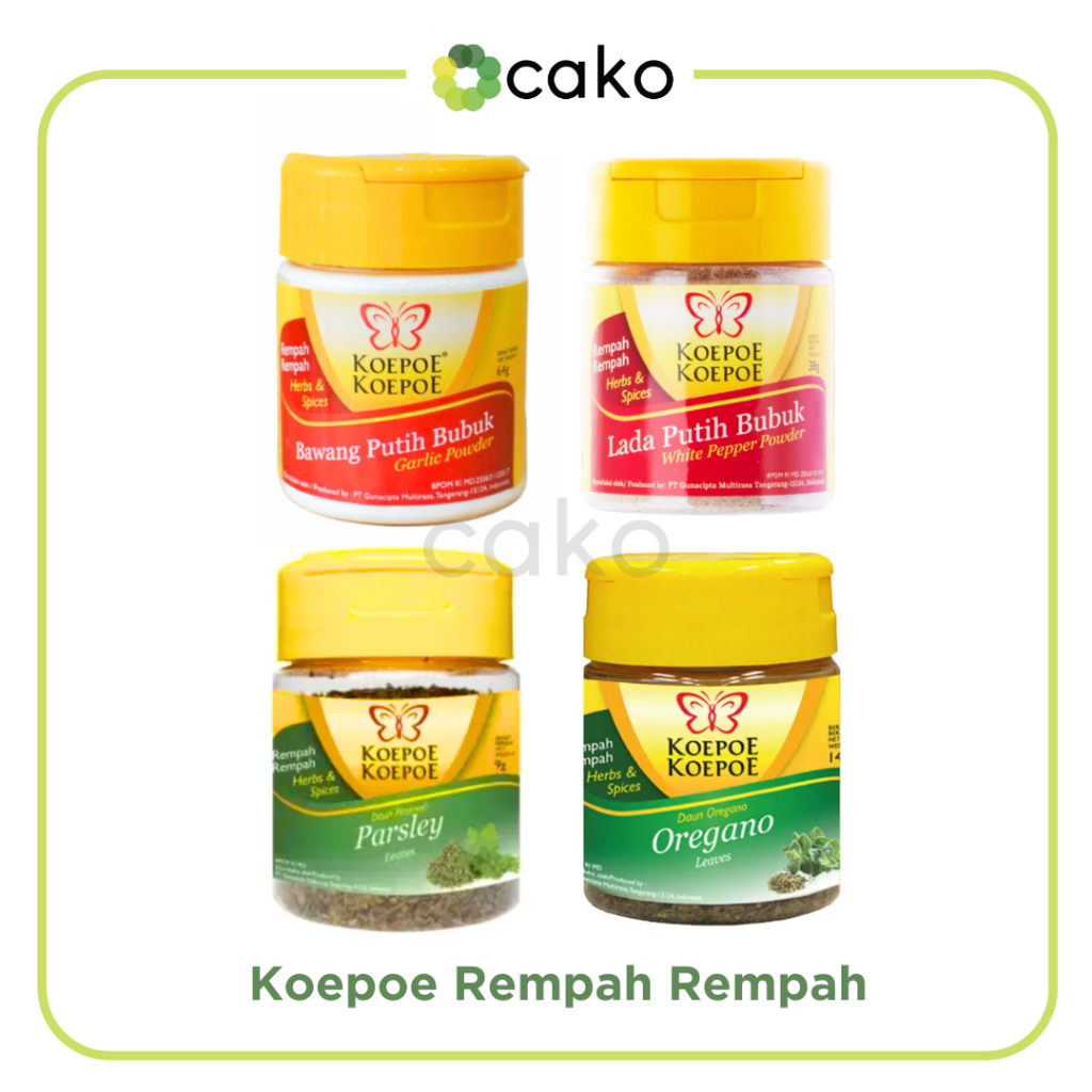 

Koepoe Koepoe Aneka Rempah / Kupu Kupu / Oregano, Parsley, Lada Putih Bubuk, Bawang Putih Bubuk, Cinnamon Kayumanis Bubuk, Cream Of Tar Tar