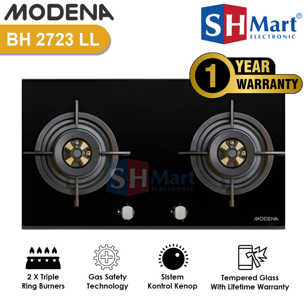 KOMPOR TANAM MODENA 2 TUNGKU BH-2723LL / BH2723LL TEMPERED CRYSTAL WITH FULL BRASS BURNER (MEDAN)