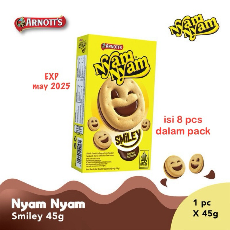 

nyam nyam smiley sandwich chocolate 45gram isi 8 pcs nyam nyam smiley pack kotak