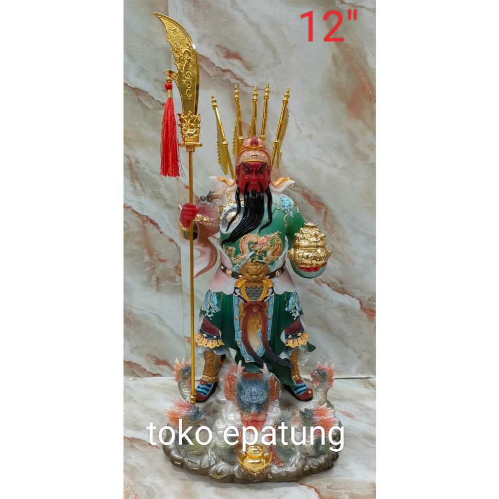 patung dewa kwan kung / kwan kong / kwan te - 12 inch - mamer - 5 bendera - naga - 24