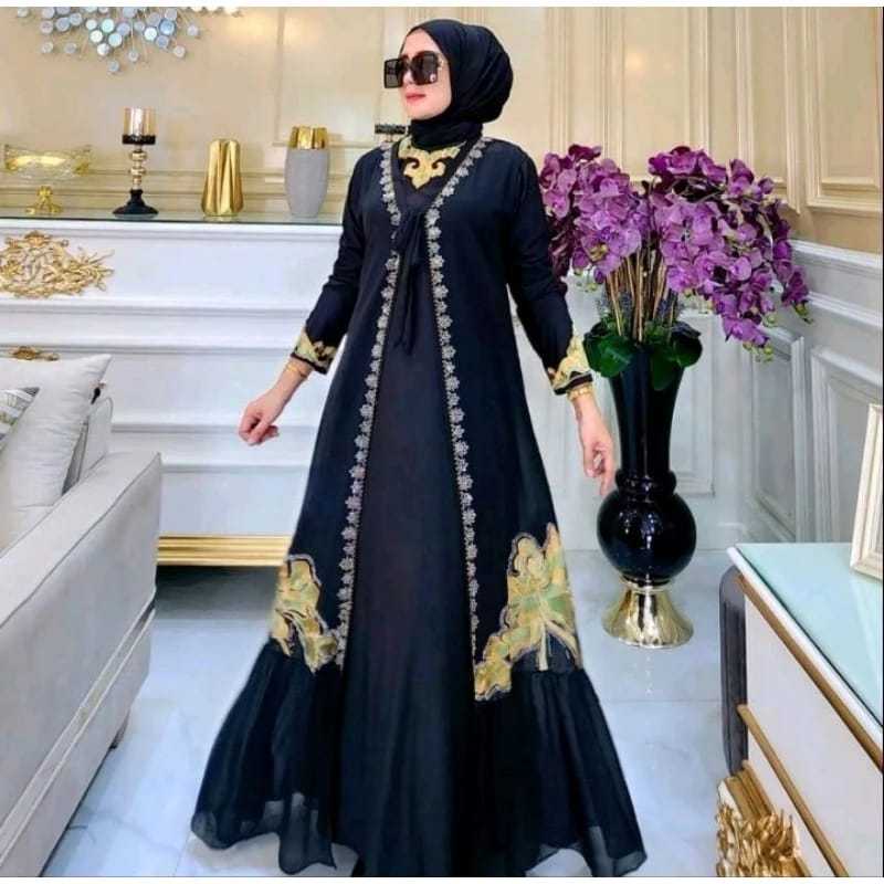 Gamis Abaya Turkey Terbaru 77 DZK / Gamis Wanita Model Rompi Hitam / Abaya Hitam Mewah Elegan