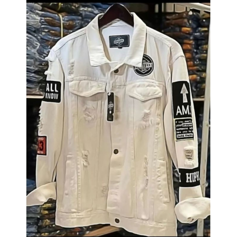JAKET JEANS DENIM DISTRO PANJANG COWOK CEWEK pria tebal keren putih