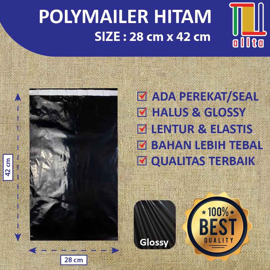 

w6 Diskon Promo PLASTIK PACKING OLSHOP PE POLYMAILER kantong kemasan amplop plastik 28X42 HITAM GLOSSY mewah L48