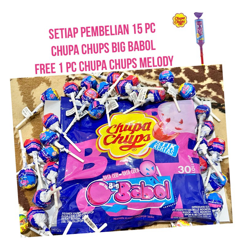 

Chupa chups Lolipop aneka rasa 10,5gr / Chupa chups Big Babol 15gr / Chupa chups Melody 15gr