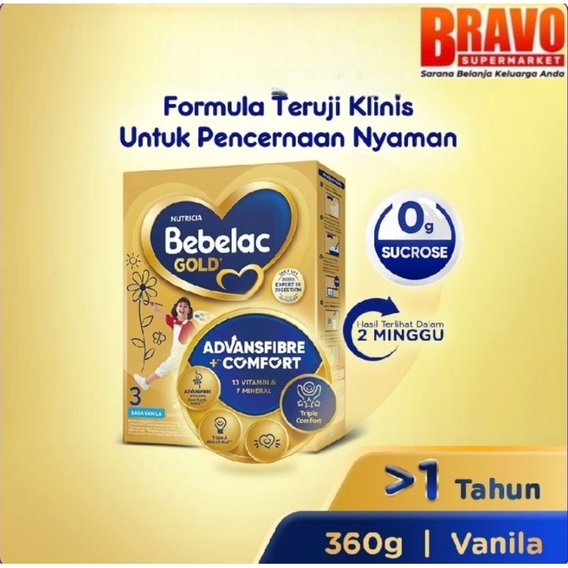 

Bebelac Gold 3 Vanila 360g – Formula Teruji Klinis untuk Pencernaan Nyaman