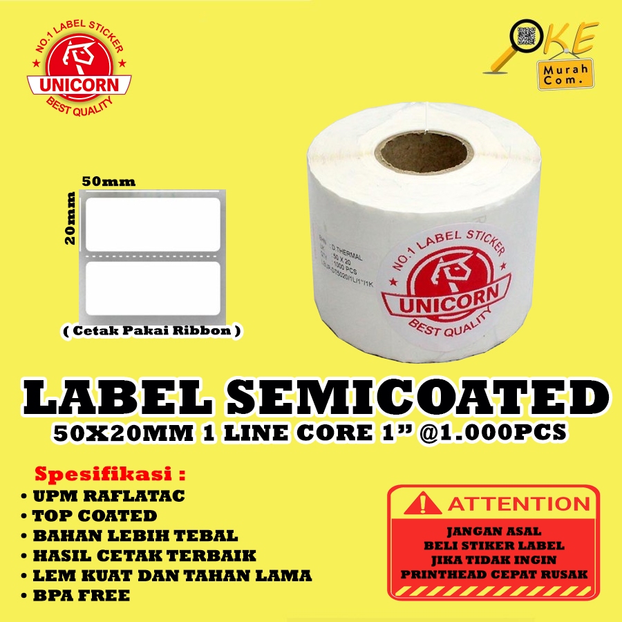 

Stiker Label Barcode Semicoated 50x20mm / 50x20 mm / 50 x 20 mm 1 Line Core 1" 1.000pcs