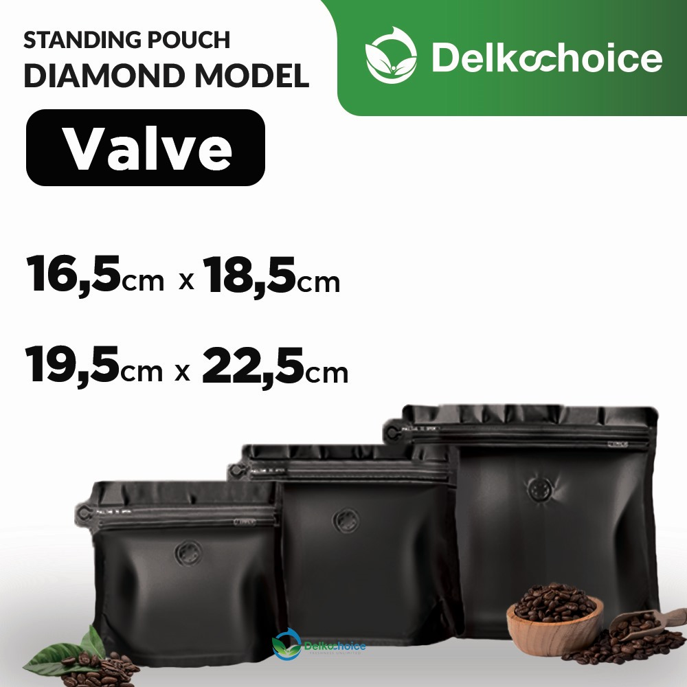 Standing Pouch Premium Diamond Zipper +Valve Kemasan Kopi Delkochoice Black