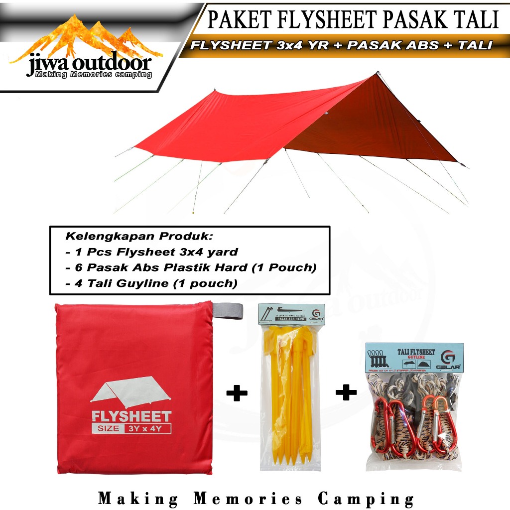 paketan flysheet 300 x 400 + 6 pasak abs + 4 tali guyline flysheet set waterproof atap tenda outdoor