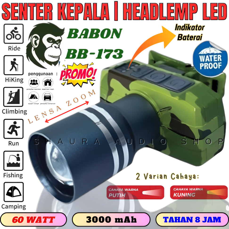 Headlamp / Senter Kepala Zoom 60w Babon Bb-173 Super Terang | Senter Kepala Zoom Super/Lampu Depan T