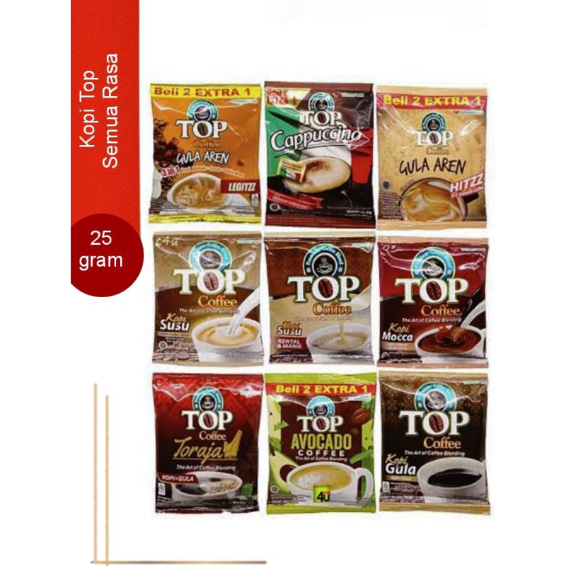 

Kopi Top Susu 12 pcs Kopi Top Gula Aren 3 in 1 15 Sachet Kopi Top Cappucino 15 Sachet Kopi Top Plus 10 pcs Kopi Top White Coffee 12 pcs Top Kopi Susu Serenteng Top White Coffee Serenceng