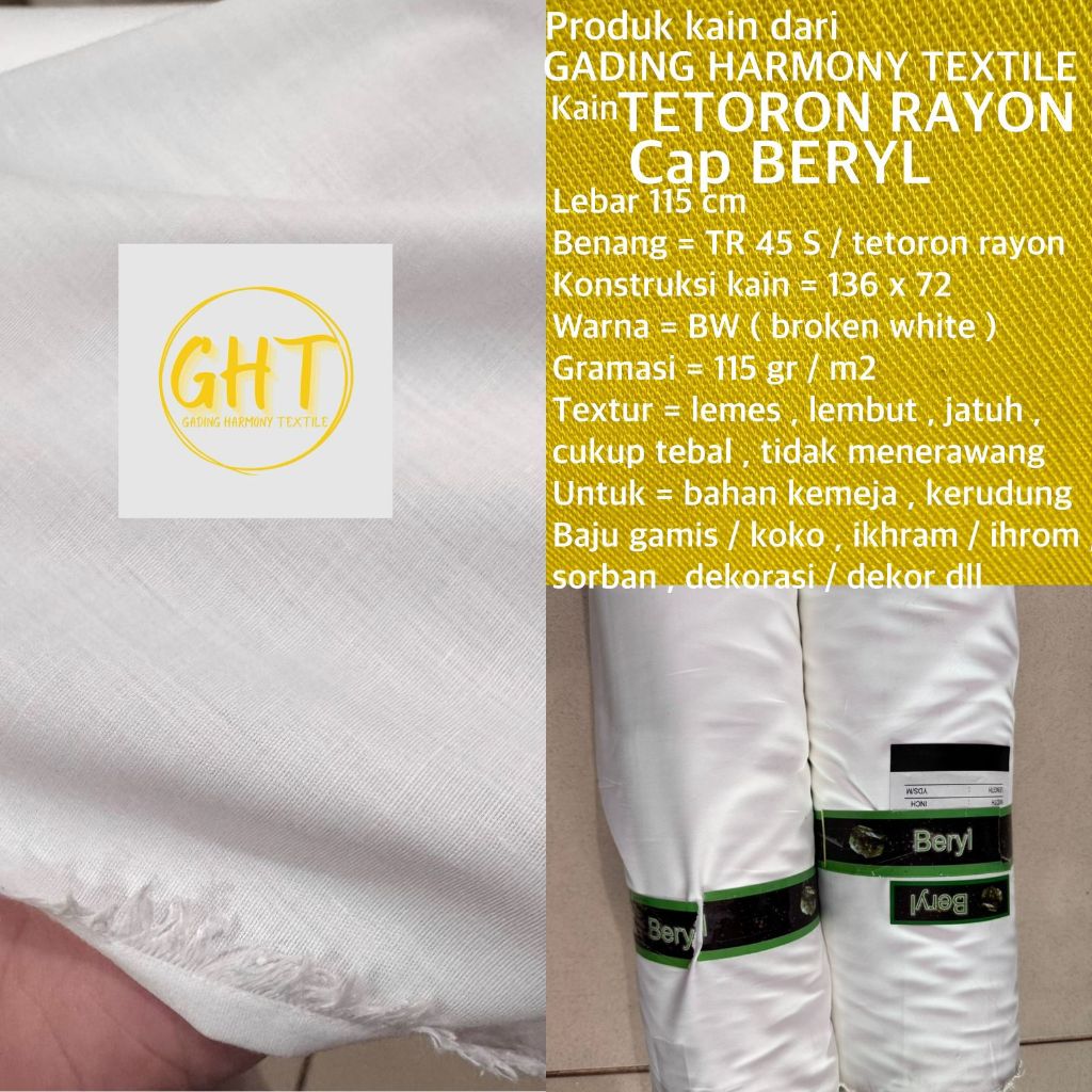 ( per 1 roll ) kain TETORON RAYON BERYL BW BROKEN WHITE putih beras lebar 115 cm katun tc bahan baju