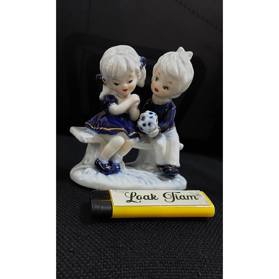 pajangan boneka pop sepasang bocah keramik putih biru